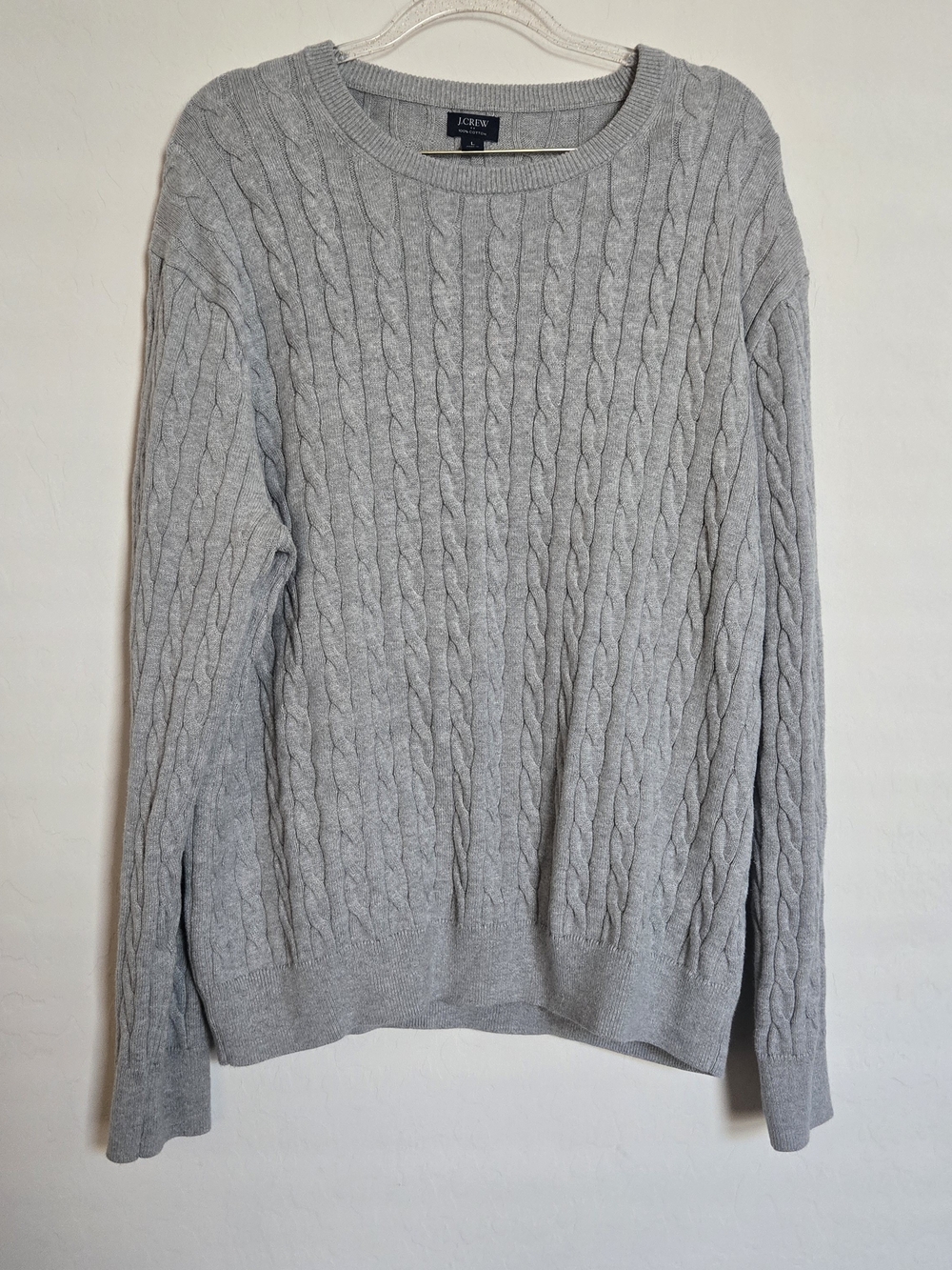 J.Crew Mens Large Cable Knit Sweater Heather Gray 100% Cotton Crewneck Pullover
